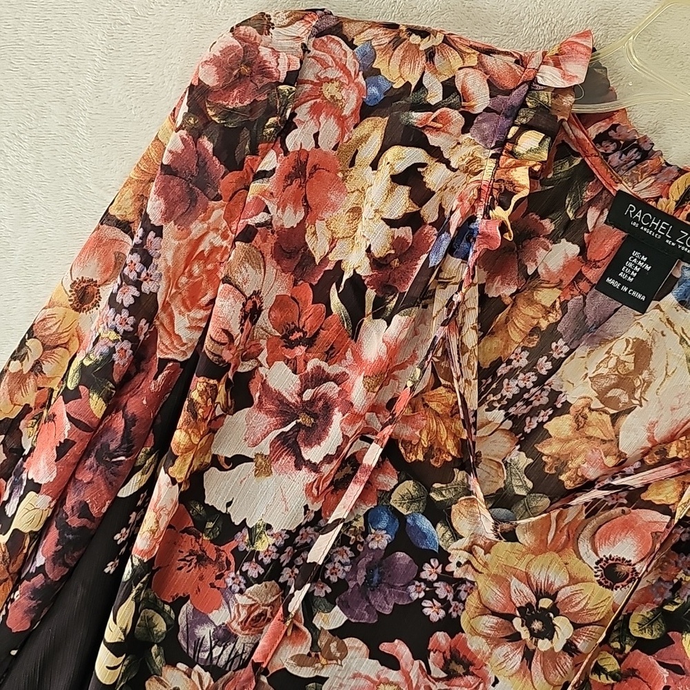 Rachel Zoe Whimsical Black Multicolor Sheer Floral Tie Neck Blouse M - Picture 3 of 5